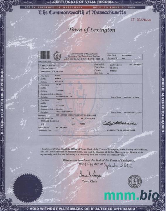 USA Massachusetts state narodziny certyfikat szablon w formacie PSD